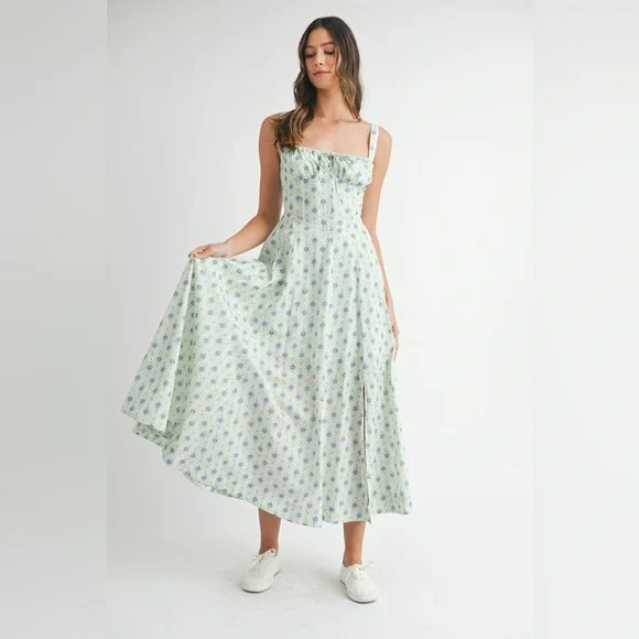 MABLE Floral Print Bustier Back Lace Up Midi Dress - Picture 5 of 14